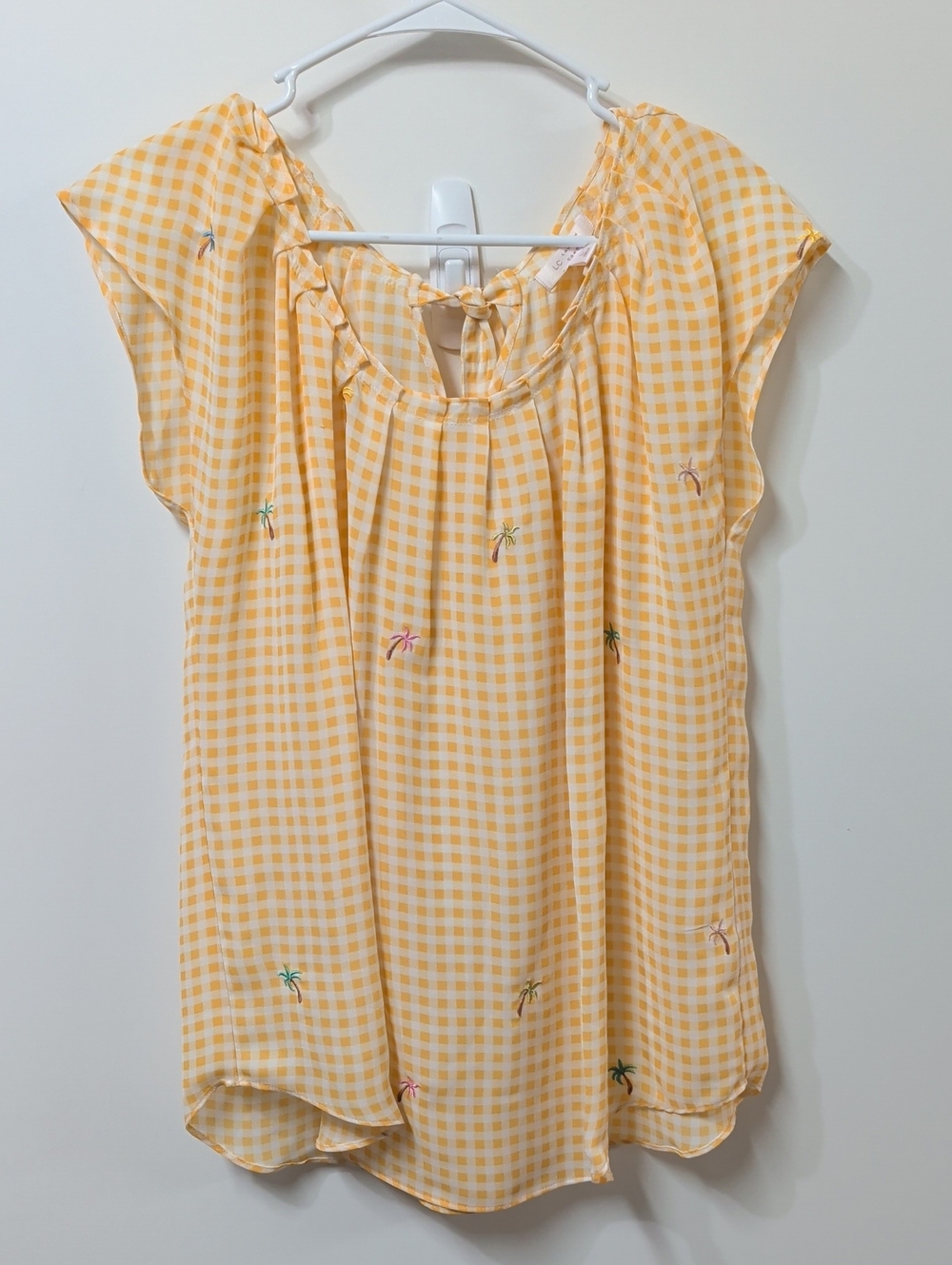 LC Lauren Conrad Yellow Gingham Palm Tree Embroidered Blouse